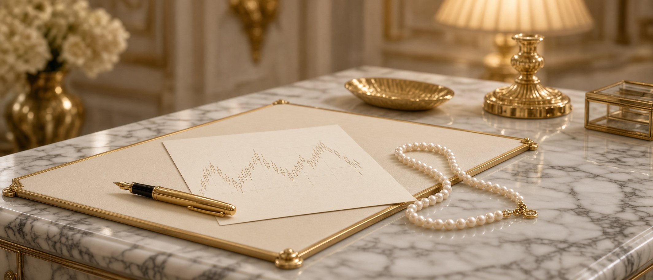 Ivory desk, gold pen, and a quiet candlestick chart