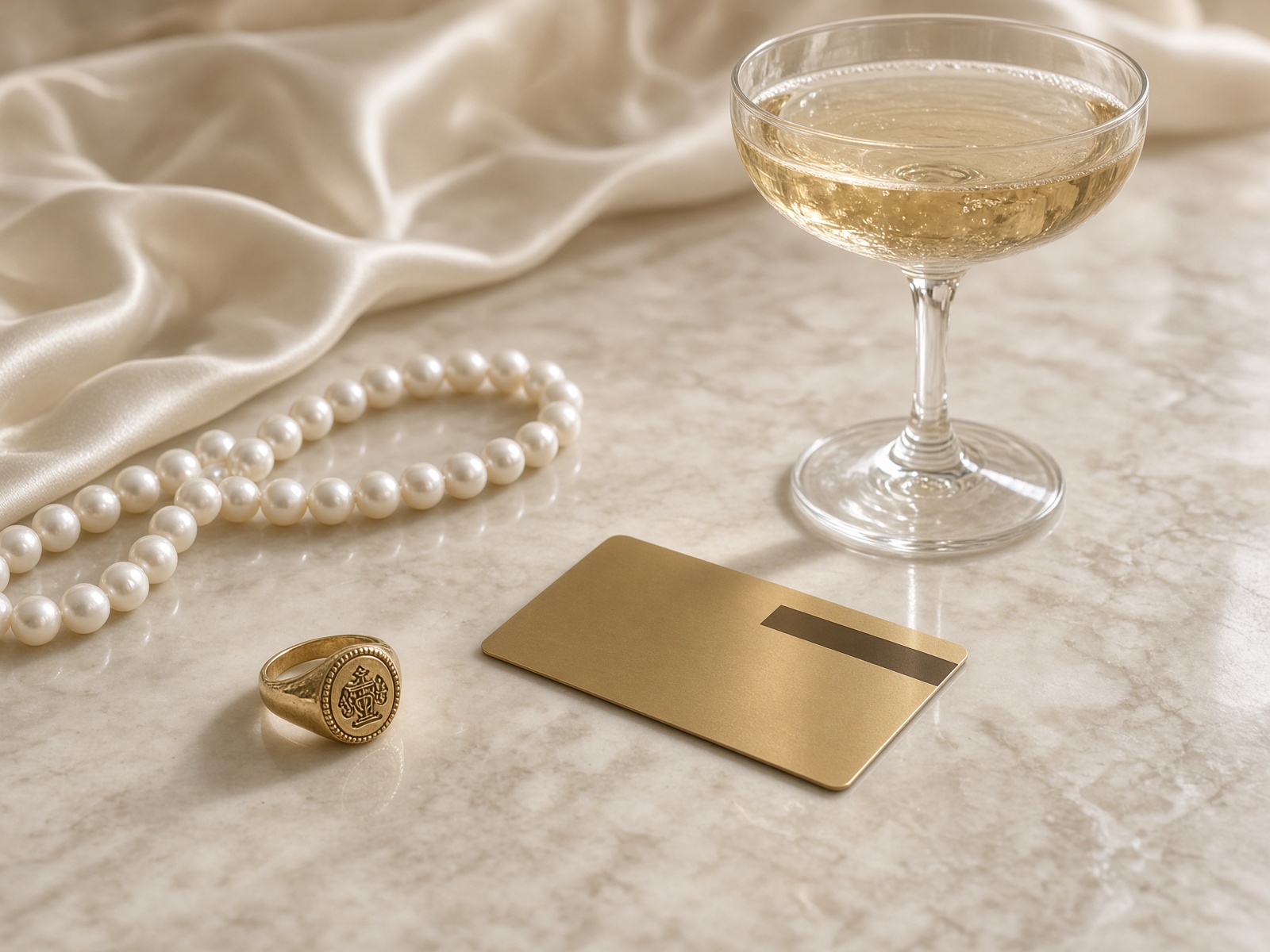 Pearl strand, gold card, and champagne on cream marble